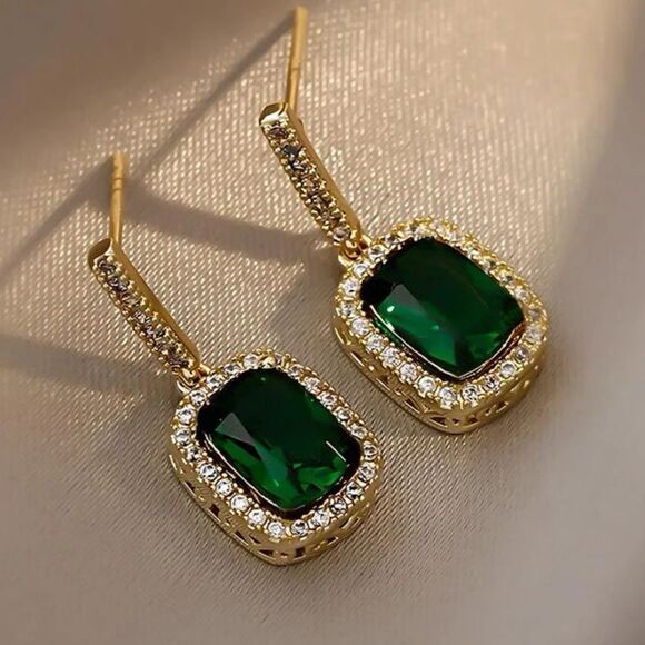 Glamorous Faux Gold & Emerald Diamond Drop Statement Earrings - Picture 2 of 6